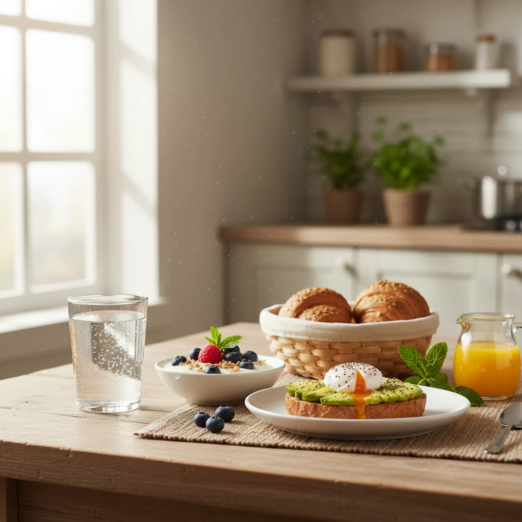 Person med glass vann ved vinduet om morgenen